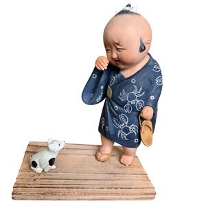 Japanese Hakata Crying Boy Broken Sandal & Dog Wood Platform Stamped Craftsman